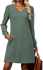 Halife Womens Knit Long Sleeve Fall Dresses Casual V Neck Tunic Sweater Dresses with Pockets