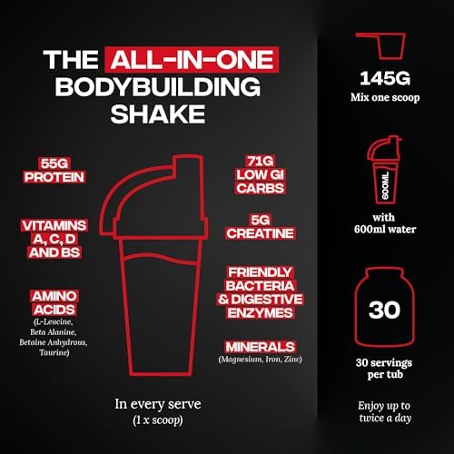 Reflex Nutrition One Stop Xtreme Serious Mass Protein Powder 55g Protein 10.3g BCAA'S, 73g Low GI Carbs 5,000mg Creatine & Added Vitamins (Strawberries & Cream, 2.03kg)