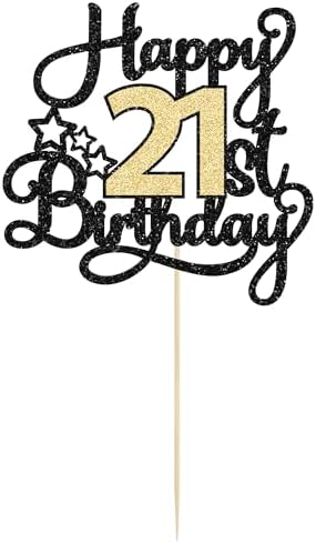 1Pc Happy 21st Birthday Cake Topper Black Gold Glitter Cheers to 21 Years Birthday Cake Pick 21st Cake Decoration for Anniversary Party Supplies