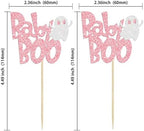 24Pcs Halloween Baby Boo Cupcake Toppers Pink Glitter Spooky Little Boo Ghost Cupcake Picks for Halloween Theme Baby Shower Kids Boys Girls Birthday Party Cake Decorations Supplies