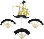 25 Pack Gold Glitter Ltiitle Boys Cake Topper Mini Hat Mustache Bowtie Cupcake Toppers Food Picks for Baby Shower Birthday Party Decorations by Topfunyy