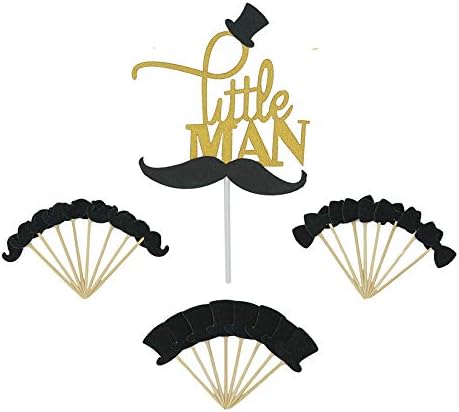 25 Pack Gold Glitter Ltiitle Boys Cake Topper Mini Hat Mustache Bowtie Cupcake Toppers Food Picks for Baby Shower Birthday Party Decorations by Topfunyy