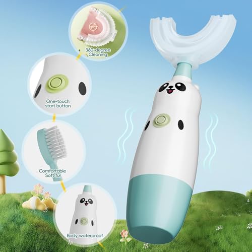 Kids U-Shaped Electric Toothbrush with 2 Brush Heads, Toddlers Sonic with 360 Degree Cleaning, Soft Bristles, Battery Included, IPX7 Waterproof, Cute cartoon for Girls and Boys, Ages 8-13 (Blue)