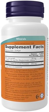 NOW Foods Supplements, Zinc Glycinate with 250 mg Pumpkin Seed Oil, Supports Prostate Health*, 120 Softgels (Packaging May Vary)