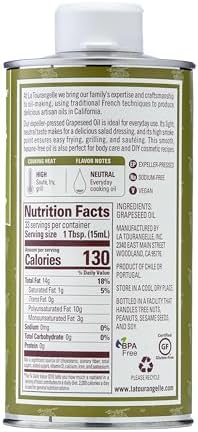 La Tourangelle, Expeller-Pressed Grapeseed Oil, High Heat Neutral Cooking Oil, Cast Iron Seasoning, Also Great for Skin, Hair, and DIY Beauty Recipes, 16.9 fl oz