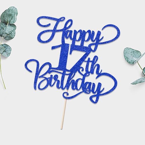 Glitter Happy 17th Birthday Cake Topper,Hello 17，Cheers to 17Years,17th Anniversary Cake Topper， boy girl 17 years old birthday Party Decor (blue)