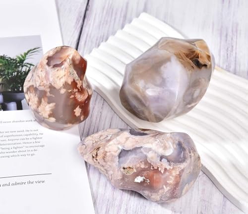 AMOYSTONE Cherry Blossom Agate Flame Shaped Stone Towers Obelisk Flower Agate Natural Healing Crystal Quartz Reiki Energy Decoration Home Office 0.6-1.0LBS