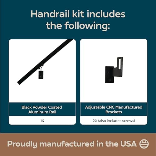 Modern Aluminum Handrail Grab Bar Kit, Adjustable Steel Brackets Included, Returns to Wall, Powder Coated Finish (Black, 6 Foot Handrail Set)