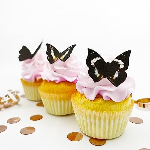 Edible Butterflies Small Size Premium Crafted Made in the USA Cake and Cupcake Toppers, Decoration (black) set of 24