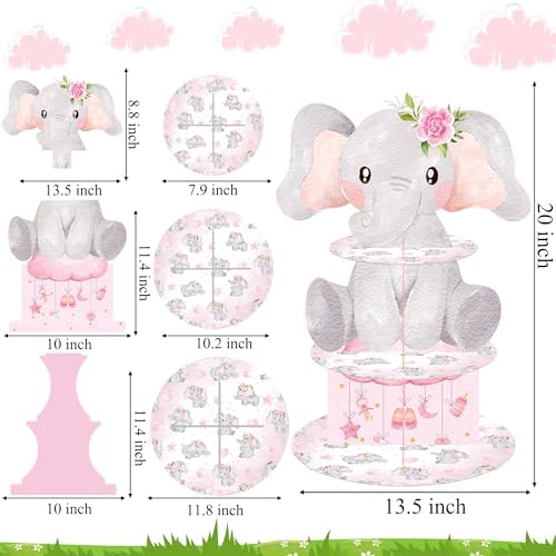 Elephant Cupcake Stand 3-Tier Pink Elephant Cake Cupcake Holder Elephant Baby Shower Decoration for Girls Elephant Theme Birthday Party Baby Shower Party Supplies