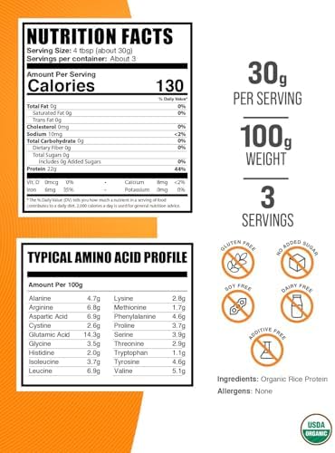 BulkSupplements.com Organic Rice Protein Powder - Vegan Plant Protein, Unflavored - Vegan & Gluten Free, 30g per Serving, 100g (3.5 oz) (Pack of 1)
