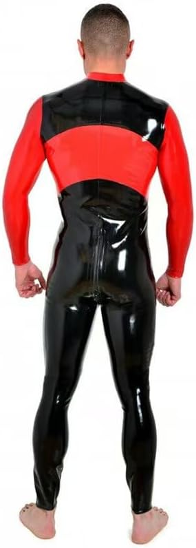 Men Latex Catsuit Patchwork Color Black and Red Rubber Bodysuit Clothing Front Crotch Zipper