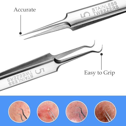 4 PCS Blackhead Remover Tool Include Blackhead Tweezers and Ingrown Hair Tweezers, Precision Blackhead Pimple Extractor for Pimple Whitehead Ance, Curved Tip Lash Tweezers for Eyelash Extension