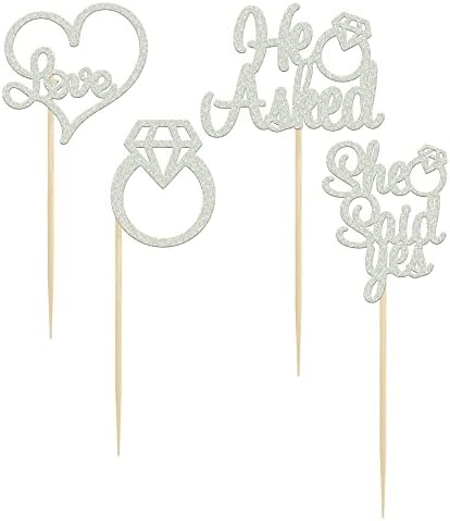Gyufise 24 Pack Silver Glitter He Asked She Said Yes Cupcake Toppers Diamond Ring Heart Cake Picks for Wedding Engagement Party Cake Decorations