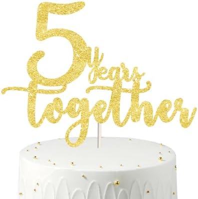 5 years together golden cake topper, happy 5th Anniversary Cake Toppers, 5th Anniversary Decorations, 5th Wedding Anniversary Party Supplies,Five Anniversary Cake topper