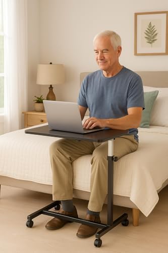 DR. DUNLEY Adjustable Overbed Table on Wheels – Height Adjustable from 30” to 42” – H-Base Rolling Bedside Table for Home, Hospital & Nursing Use – Supports 50 lbs – 15” Wide Surface