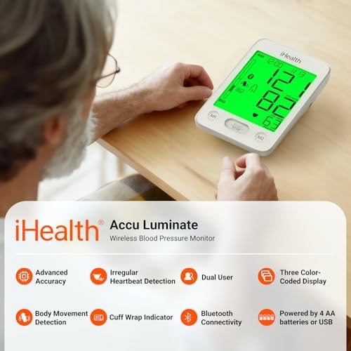 iHealth Accu Luminate Blood Pressure Monitor – 4.5" Tri-Color WHO-Based LCD(White), Clinically Accurate, Irregular Heartbeat Alert, Body & Cuff Detection, Bluetooth Cloud Sync, Large 8.6"–17" Cuff