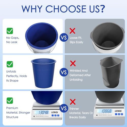 2PCS 5 Gallon Bucket Liner – Reusable Silicone Rubber Mixing Liners with Lid for Flexible, Non-Stick Concrete, Thinset & Grout with Graduated Measurements