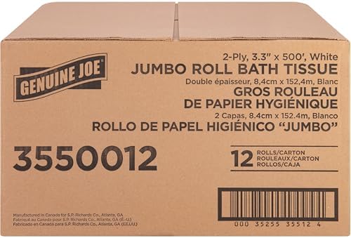 Genuine Joe Jumbo Roll Bath Tissue, 2-Ply, 3.3" x 500', White, 12 Count