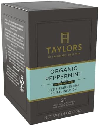 Taylors of Harrogate Organic Peppermint Herbal Tea Individually Wrapped Bags, 20 Count (Pack of 6), Clean, Pure and Refreshing, Caffeine-Free, Enjoy Hot or Iced, 120 Teabags