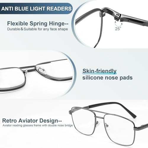 EASY READ Aviator Reading Glasses for Men,Blue light blocking Readers Men Metal Eyeglasses with Spring Hinge