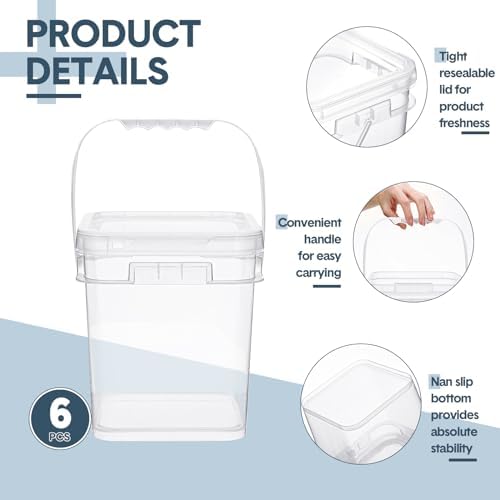 Domensi 6 Pcs Clear Square Bucket with Lid Food Ice Cream Plastic Buckets with Handle Reusable Freezer Containers Industrial Pails for Paint Storage for Kitchen Home(1.5 Gallon)