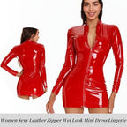 Women's Sexy Panten Leather Mini Dress Wet Look Lingerie Zip Up Babydoll Turtleneck Bodycon Chemise Party Clubwear