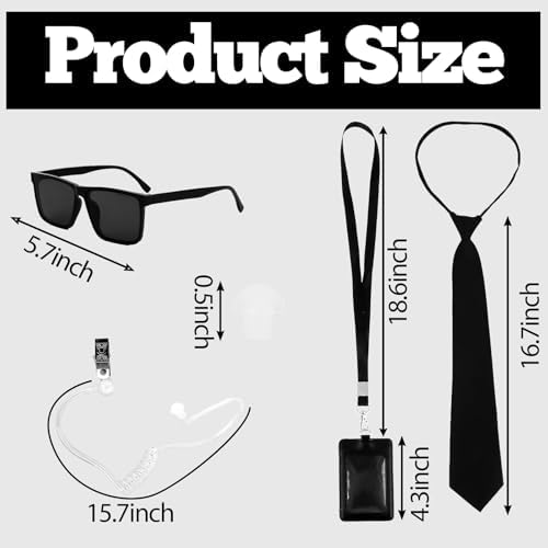 Secret Agent Costume Kit Spy Role Play Accessories Set with Sunglasses, Tie, ID Badge & Earpiece for Halloween, Themed Parties Black
