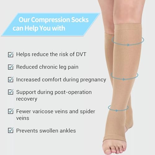 Medical Compression Socks for Women and Men, 23-32 mmHg , Open Toe, Knee High Length Compression Stockings for Varicose Veins, DVT, Edema, Running, Nursing