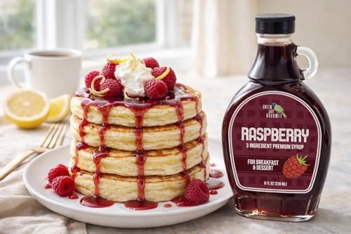 Green Jay Gourmet Raspberry Syrup - 3 Ingredient Premium Breakfast Syrup with Fresh Raspberries, Cane Sugar & Lemon Juice - All-Natural, Non-GMO Pancake Syrup, Waffle Syrup & Dessert Syrup - 2 x 8 Oz