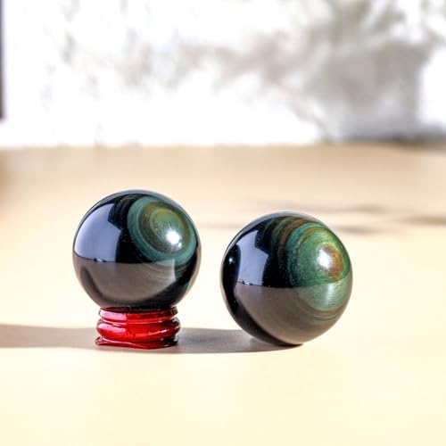 4cm,Natural Rainbow Eye Obsidian Crystal Ball – Polished Sphere with Raw Stone Base, Volcanic Glass Feng Shui Ornament, Healing Crystal Craft for Home Office Desk Decor