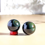 4cm,Natural Rainbow Eye Obsidian Crystal Ball – Polished Sphere with Raw Stone Base, Volcanic Glass Feng Shui Ornament, Healing Crystal Craft for Home Office Desk Decor