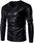 Mens Faux Leather Metallic Shirts Shiny Wet Look Long Sleeve T-Shirt Patent Leather Hip Hop Nightclub Party Tops