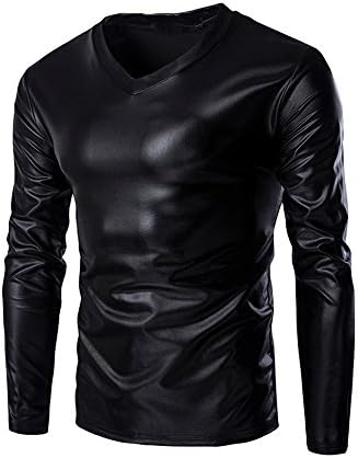 Mens Faux Leather Metallic Shirts Shiny Wet Look Long Sleeve T-Shirt Patent Leather Hip Hop Nightclub Party Tops
