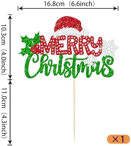 Rsstarxi 1 Pack Merry Christmas Cake Topper Glitter Xms Eve Snowflakes Santa Hat Cake Pick for Celebrating Merry Christmas Eve Birthday Party Cake Decorations Supplies
