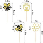 24 Pcs Bumble Bee Cupcake Toppers, Glitter Heart Honeycomb Bee Cupcake Decorations for Bee Theme Party Baby Shower Bee Cake Decoration