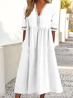 LOAIHA Floral Midi Dress for Women Short Sleeve Flowy Dresses with Pockets Linen Dress Plus Size Summer Loose Boho Sundress