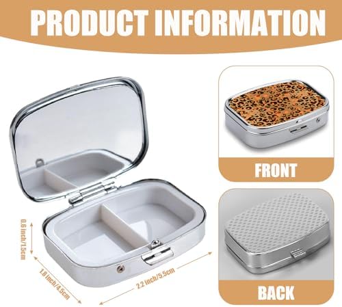 Pill Box-2 Compartment Small Pill Case Square Organizer Case with Mirror Portable Metal Medicine Box Travel Container for Pocket & Purse Women Men(Brown Leopard)
