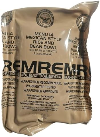 Genuine USGI Individual MRE [Meal, Ready to Eat] Inspection Date 01/2024 or Newer - You Choose Menu - Complete Ration with Entree, Snacks, Dessert, Drink Mix, Utensils, Condiments and FRH. (#14 [New] Mexican Rice and Bean Bowl)