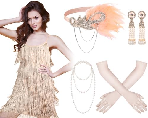 Zhanmai 6 Pcs Flapper Dress Flapper Costumes for Women 1920s Accessories Set Headband Pearl Necklace Earrings Gloves Stick