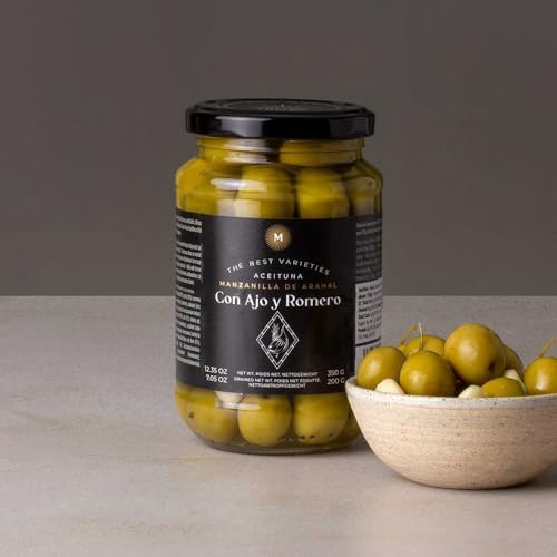 Triana Olivas by Don Gastronom. Whole Manzanilla Olives with Rosemary & Garlic. 350g (12.35oz).