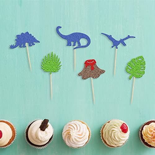 24 Pack Dinosaur Cupcake Toppers Green Palm Leaves Volcano T-Rex Cupcake Picks for Dinosaur Theme Baby Shower Birthday Party Cake Decorations Supplies Blue Glitter