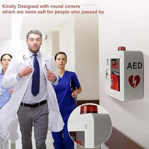 AED Defibrillator Storage Cabinet, First Aid Kit Cardiac Defibrillator Storage Cabinet with Light and Alarm System, Steel Cardiac Defibrillation Alarm Box for Home, Office, Nursing, Bus