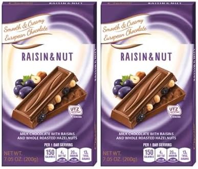 Raisin & Whole Roasted Hazelnut European Milk Chocolate Bars, Gift Snack Snacking Valentine's Day Treat Dessert Food, 2 7oz chocuer Pack