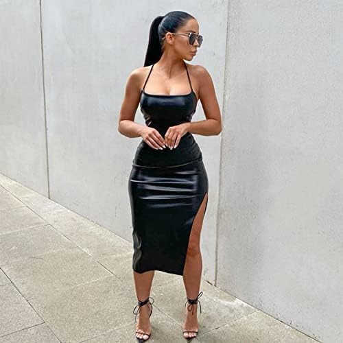 Women Faux Leather Dress Sleeveless Backless Bandage Bodycon Split Midi Dresses Party Cocktail