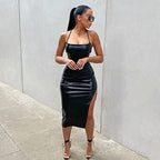 Women Faux Leather Dress Sleeveless Backless Bandage Bodycon Split Midi Dresses Party Cocktail