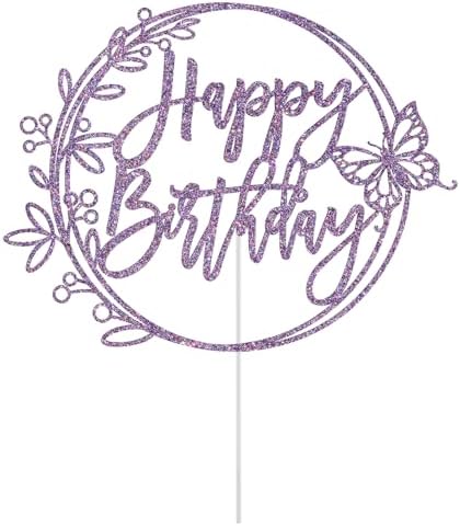 Happy Birthday Cake Topper Butterfly, Girls Women's Happy Birthday Cake Decorations, Butterfly Themed Bday Wedding Anniversary Baby Shower Party Decorations (Purple Glitter)