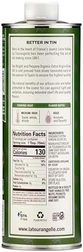 La Tourangelle, Organic Extra Virgin Olive Oil, Cold-Pressed Early Harvest EVOO from Spain, Bright & Peppery, 33.8 fl oz (1 Liter) - Spanish with Polyphenols for Cooking, Drizzling, Marinades, and Dipping