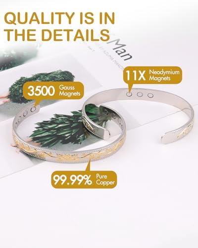 Feraco Copper Bracelet for Women, Ultra Strength Magnetic Bracelets, 99.99% Pure Copper Cuff Bangle with 3500 Gauss Neodymium Magnets, Adjustable (Silver & Gold)