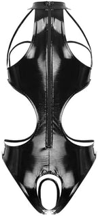 Jugaoge Women's Catsuit Wet Look PVC Leather Halter Neck Bodysuit One Piece Cutout Jumpsuit Clubwear